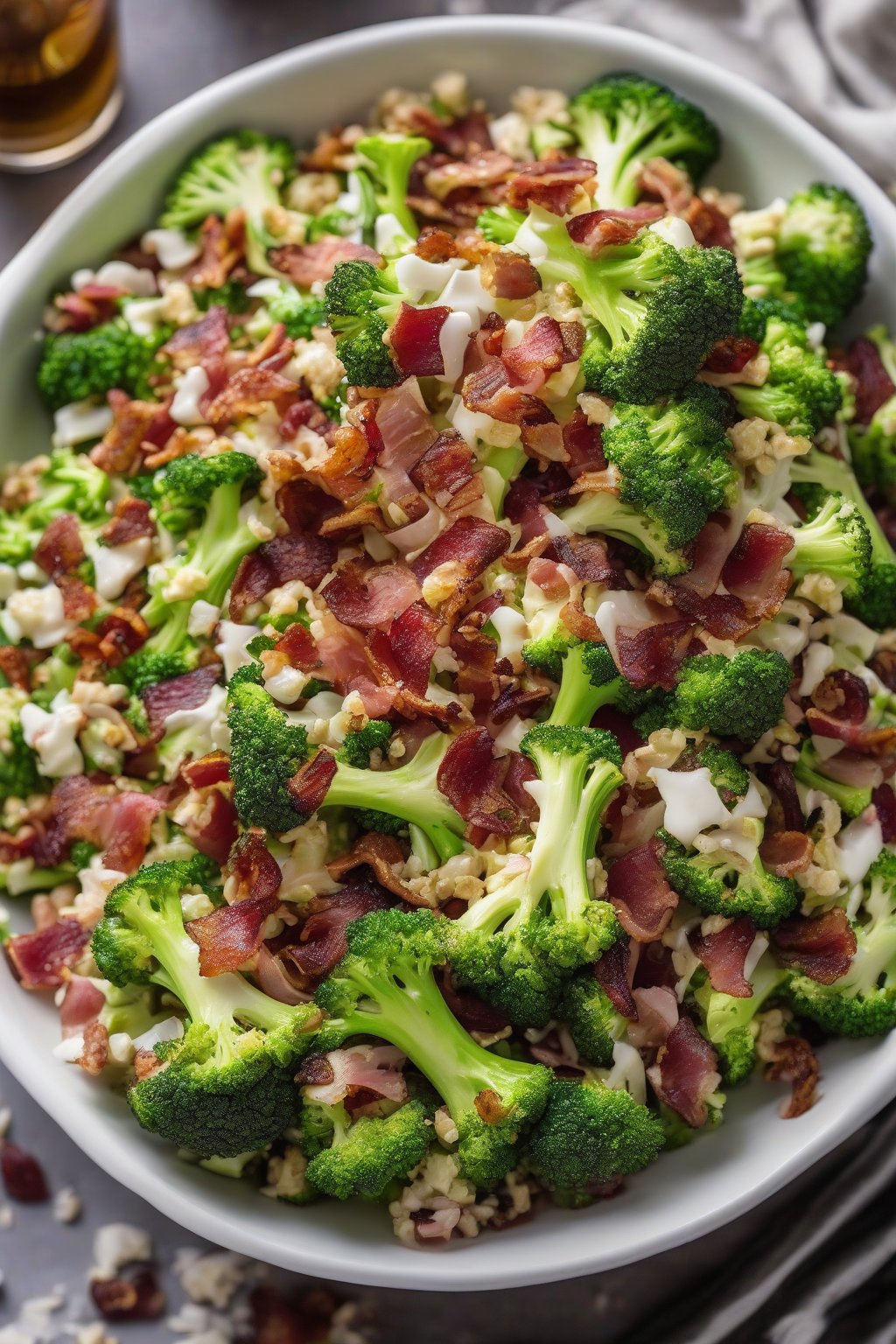 A high-resolution photo of classic bacon and raisin broccoli crunch salad in a white bowl, topped with bacon crumbles, under soft lighting.