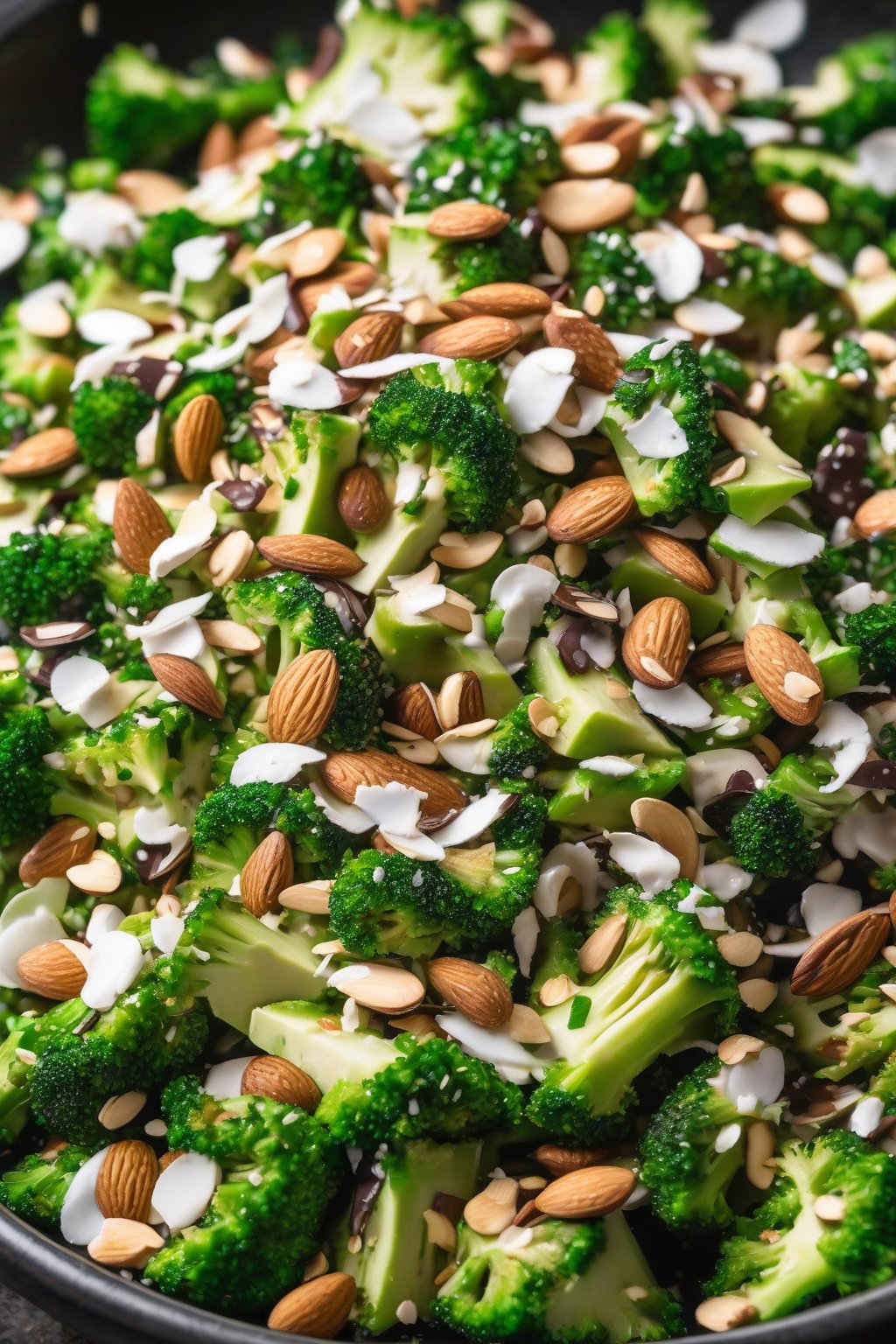 A high-resolution photo of almond joy broccoli salad with golden toasted almonds and coconut flakes scattered on top, under soft lighting.