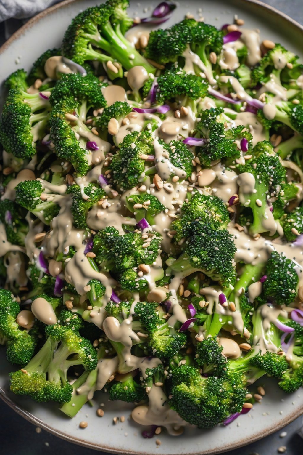 A high-resolution photo of vegan tahini broccoli salad drizzled with creamy dressing and sesame seeds, under soft lighting.