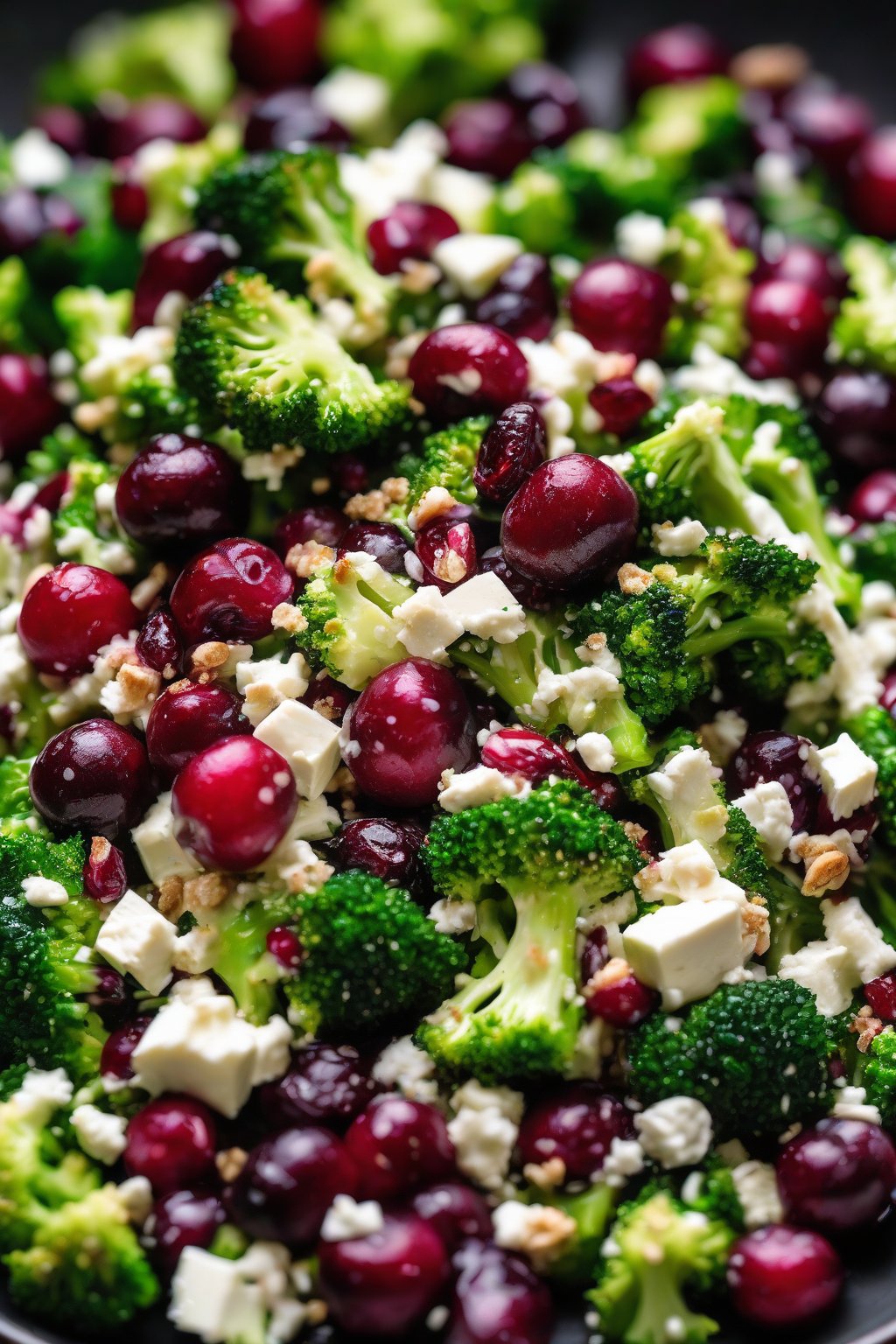 A high-resolution photo of cranberry feta broccoli salad with red berries and white cheese crumbles, under soft lighting.
