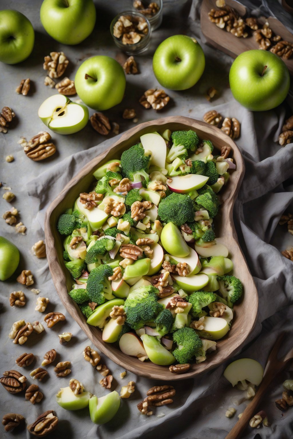 A high-resolution photo of apple walnut broccoli salad with green apples and walnut pieces, under soft lighting.