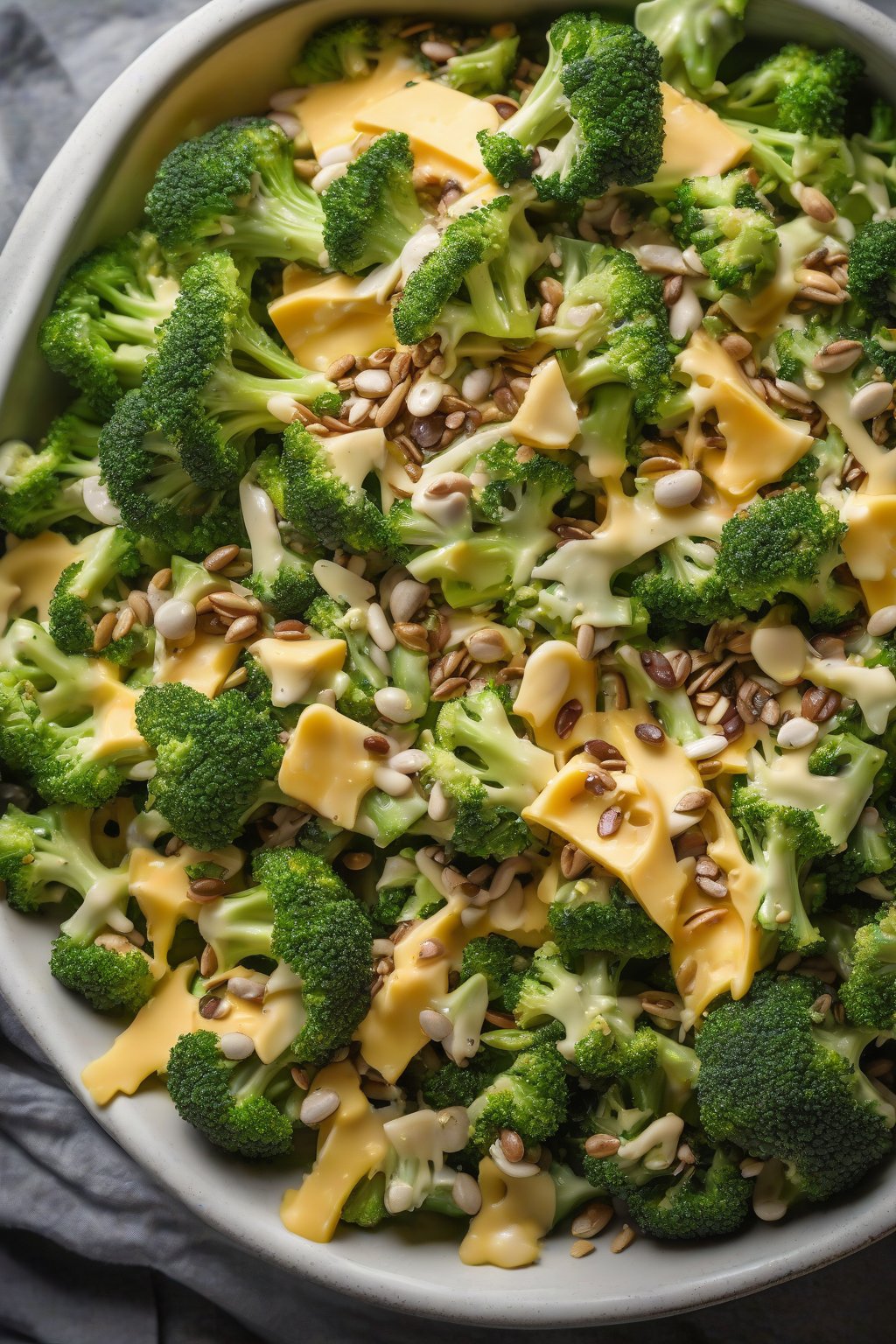 A high-resolution photo of cheesy sunflower seed broccoli salad with melted cheddar bits and seeds, under soft lighting.