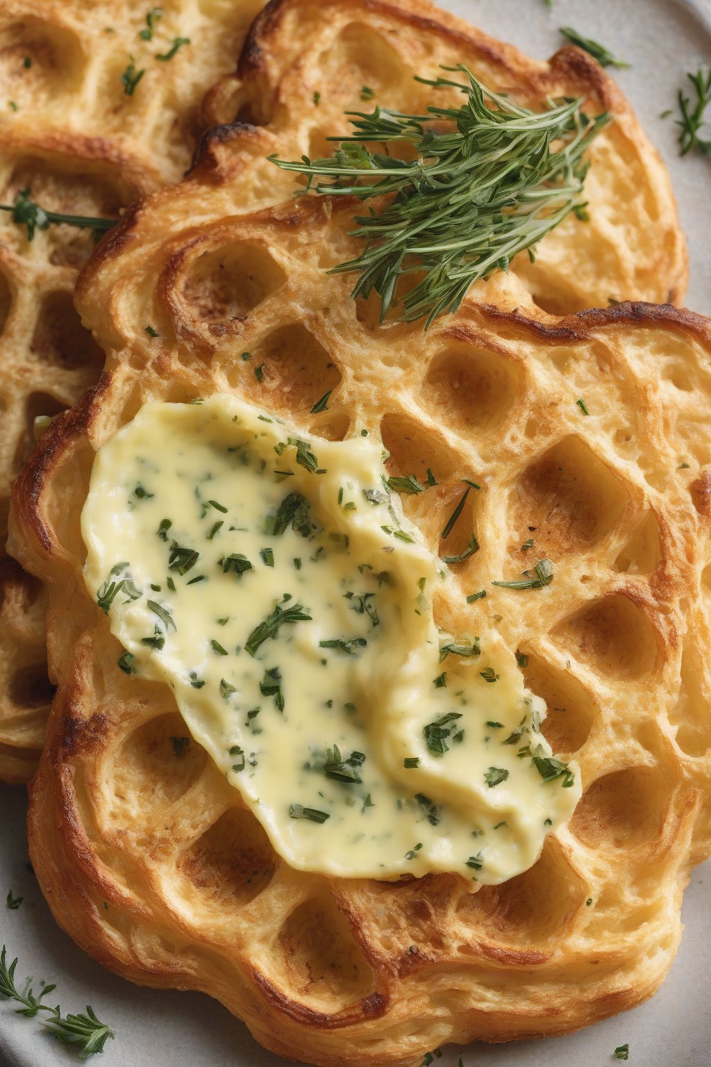 A high-resolution photo of a garlic parmesan chaffle brushed with herb butter under soft lighting.