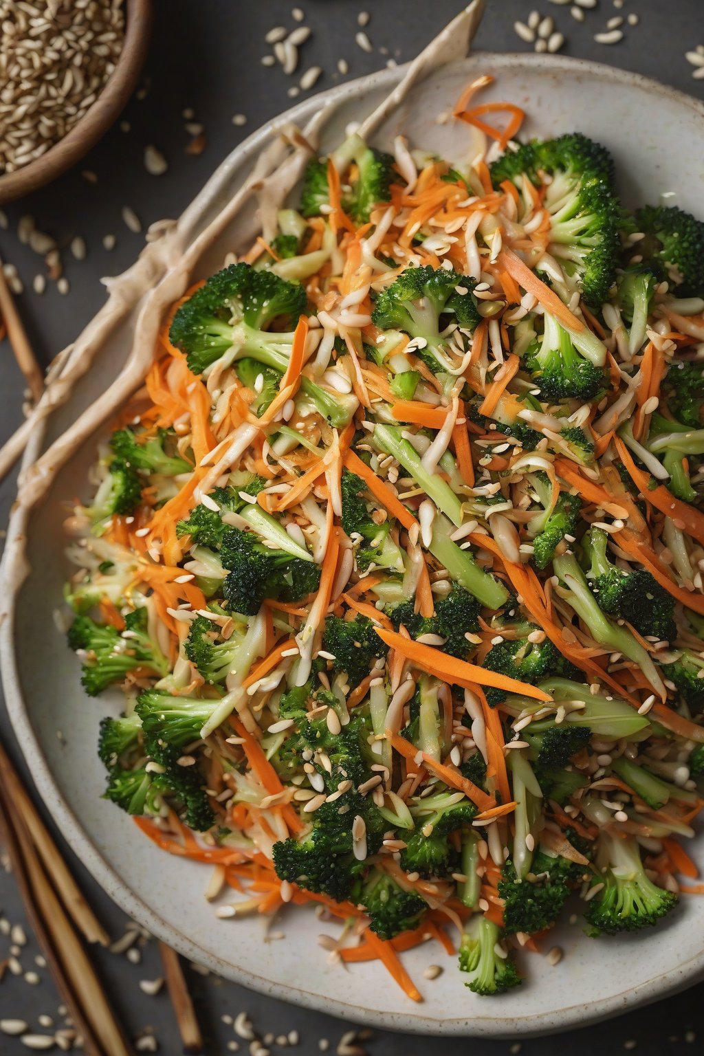 A high-resolution photo of Asian sesame broccoli slaw with shiny seeds and carrot shreds, under soft lighting.
