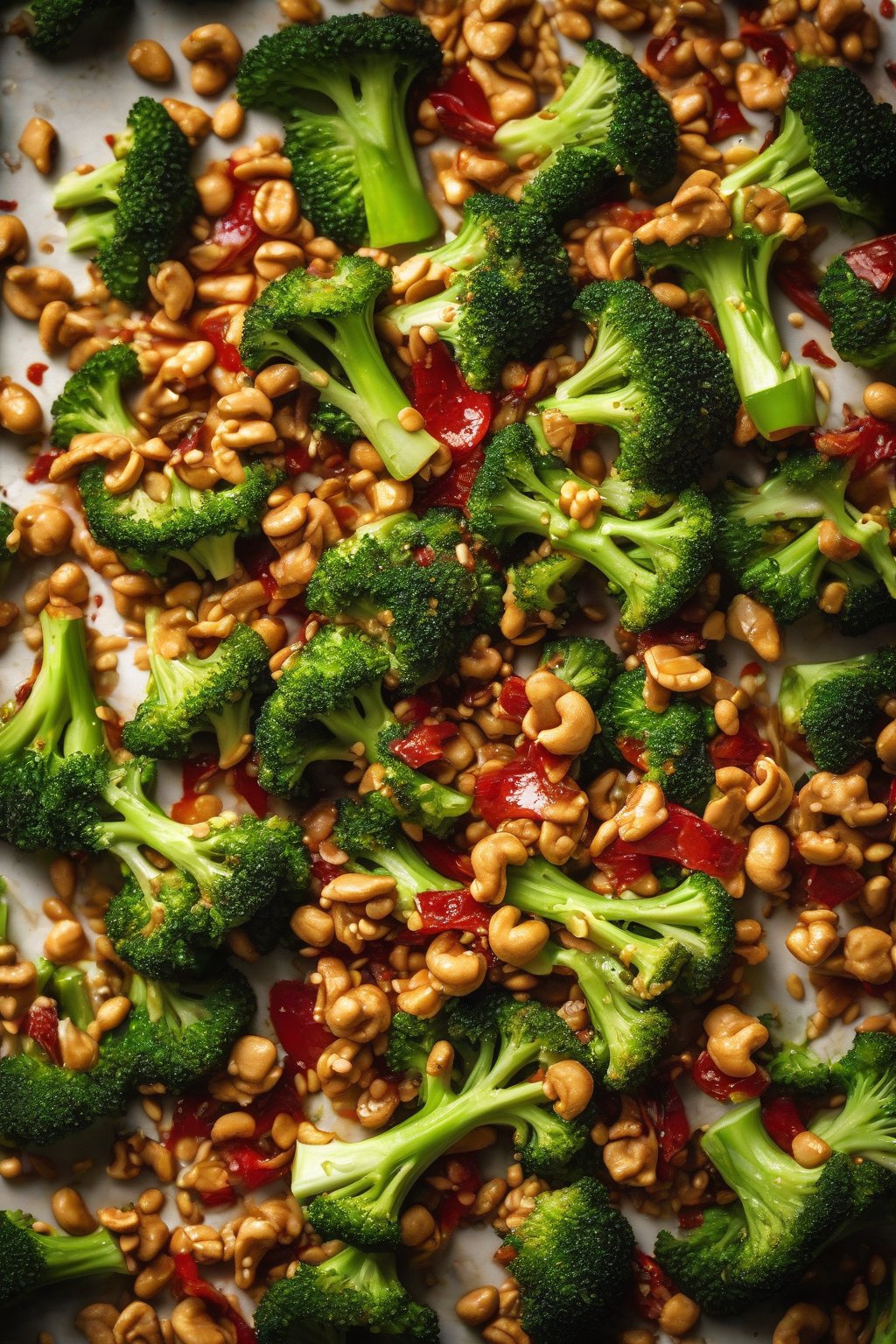 A high-resolution photo of spicy sriracha broccoli crunch with red drizzles and peanut chunks, under soft lighting.