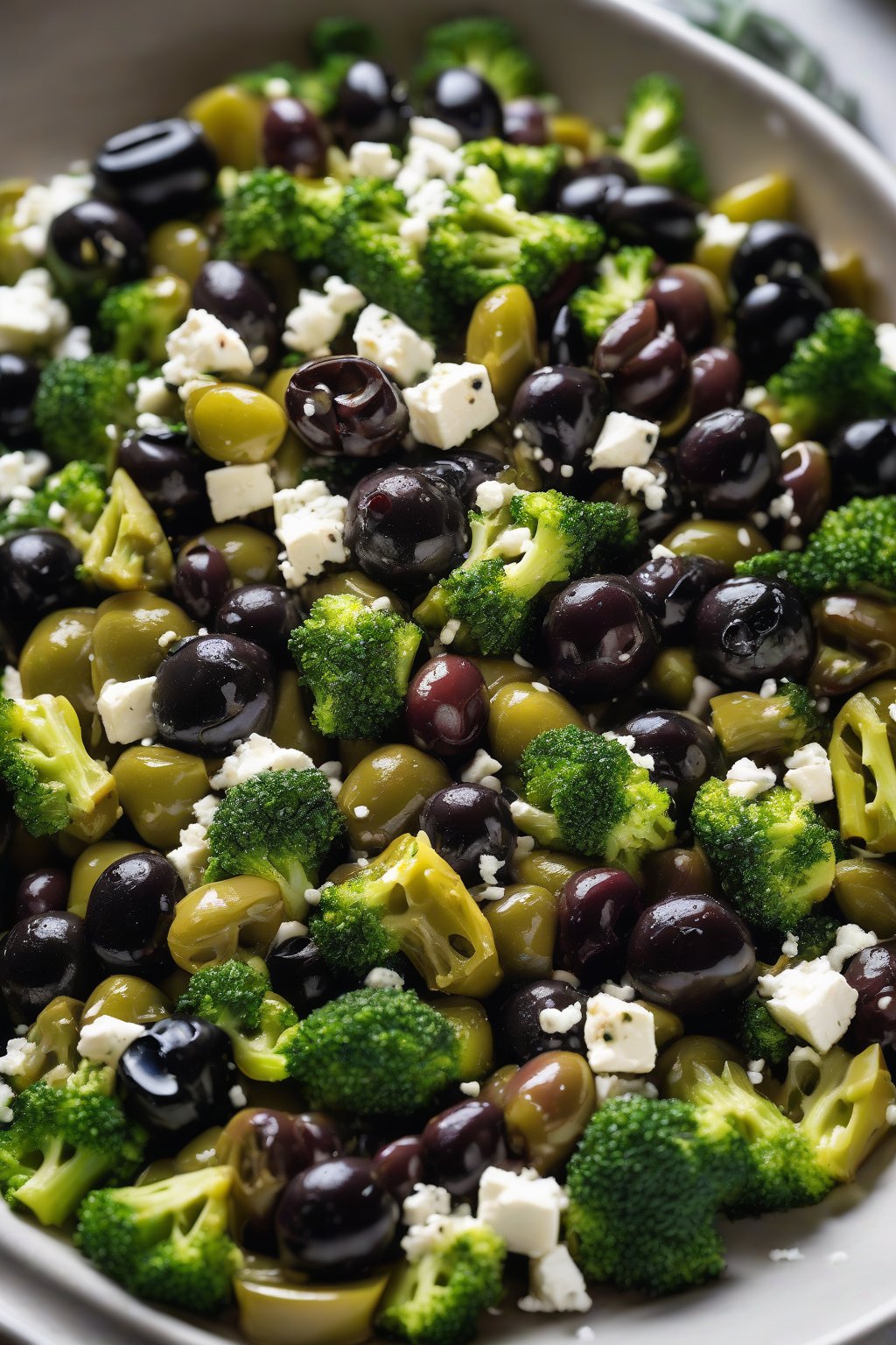 A high-resolution photo of Mediterranean olive broccoli medley with black olives and feta, under soft lighting.