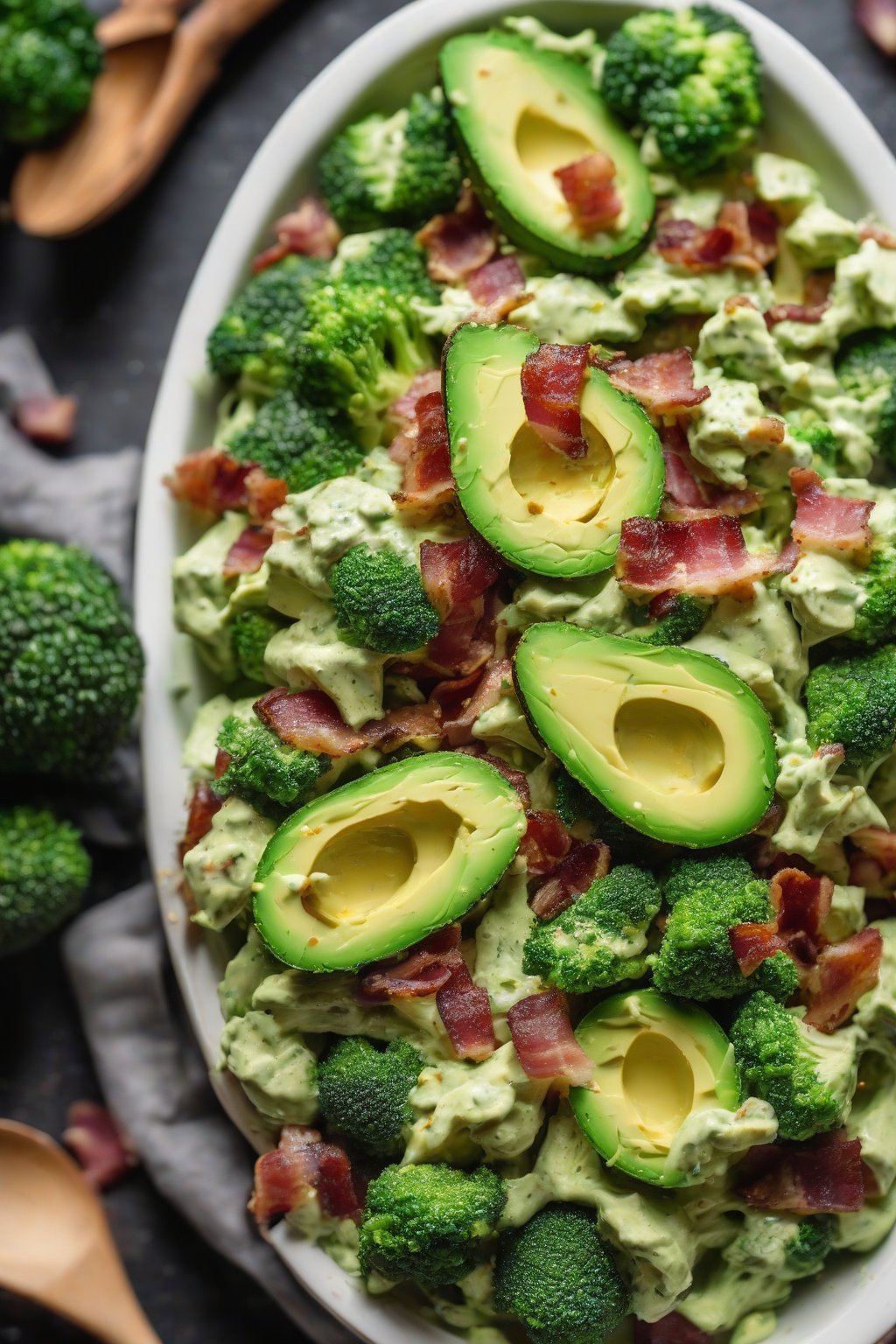 A high-resolution photo of keto avocado broccoli salad with green cream and bacon, under soft lighting.
