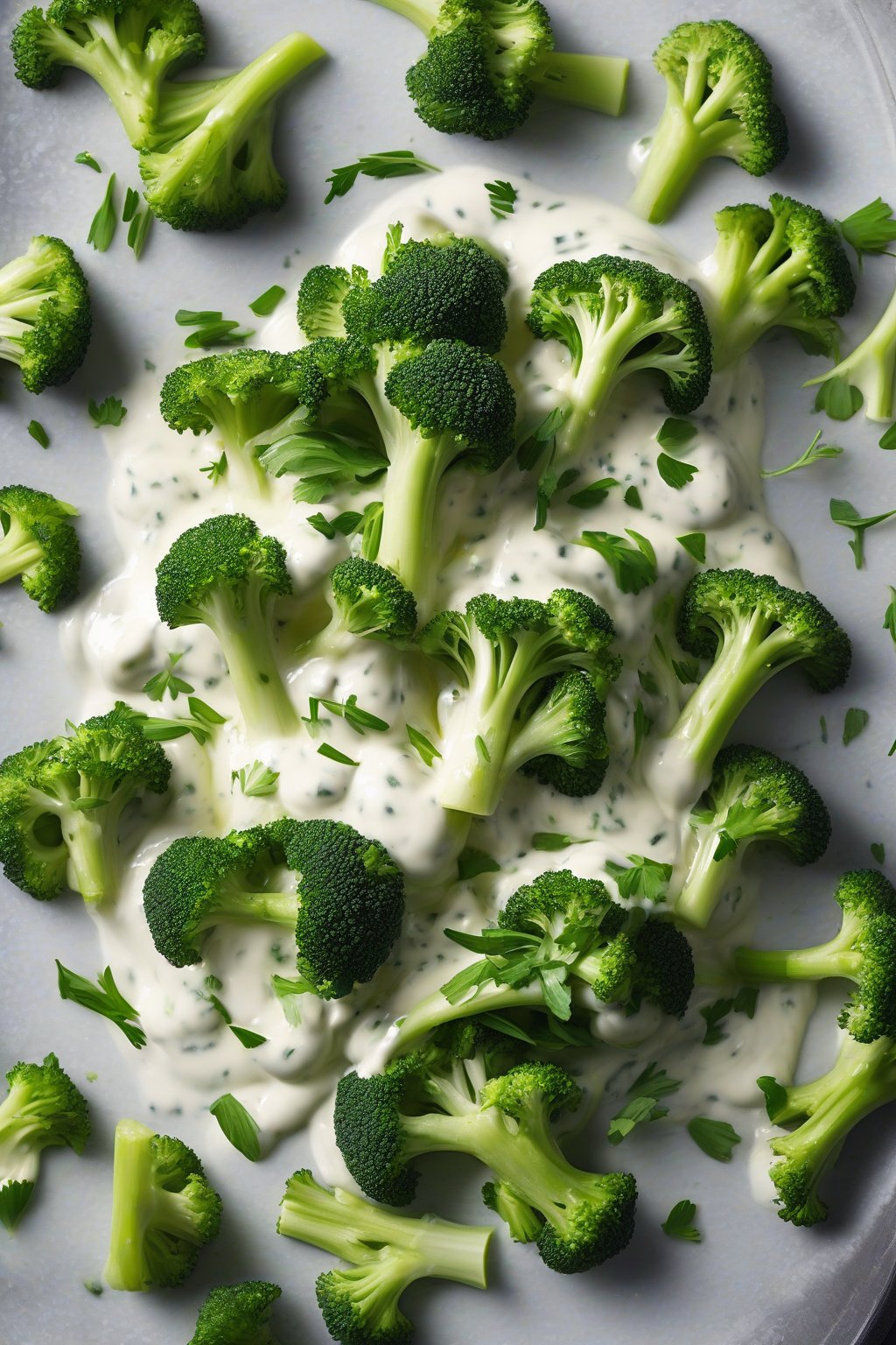 A high-resolution photo of yogurt dill broccoli refresh with green herbs and celery, under soft lighting.
