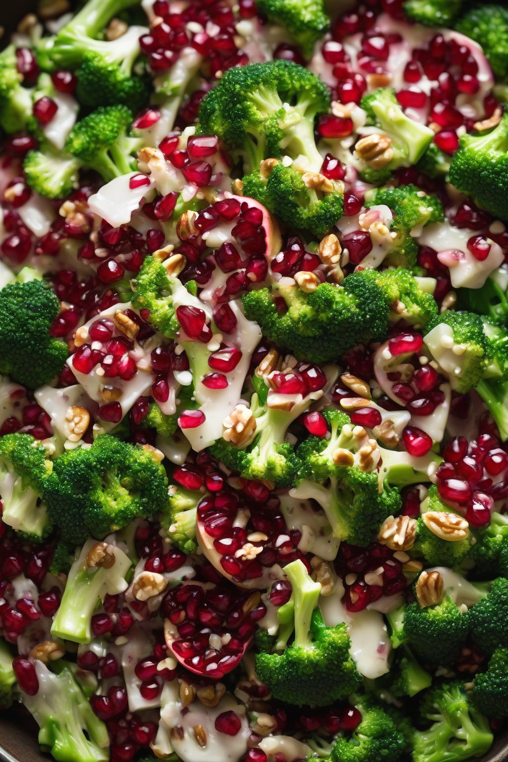 A high-resolution photo of pomegranate pecan broccoli salad with ruby seeds glistening, under soft lighting.