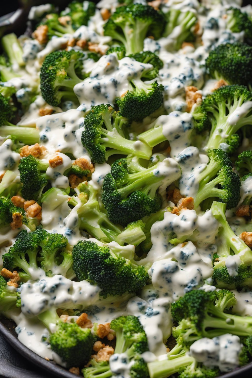 A high-resolution photo of buffalo blue cheese broccoli kick with chunky dressing, under soft lighting.