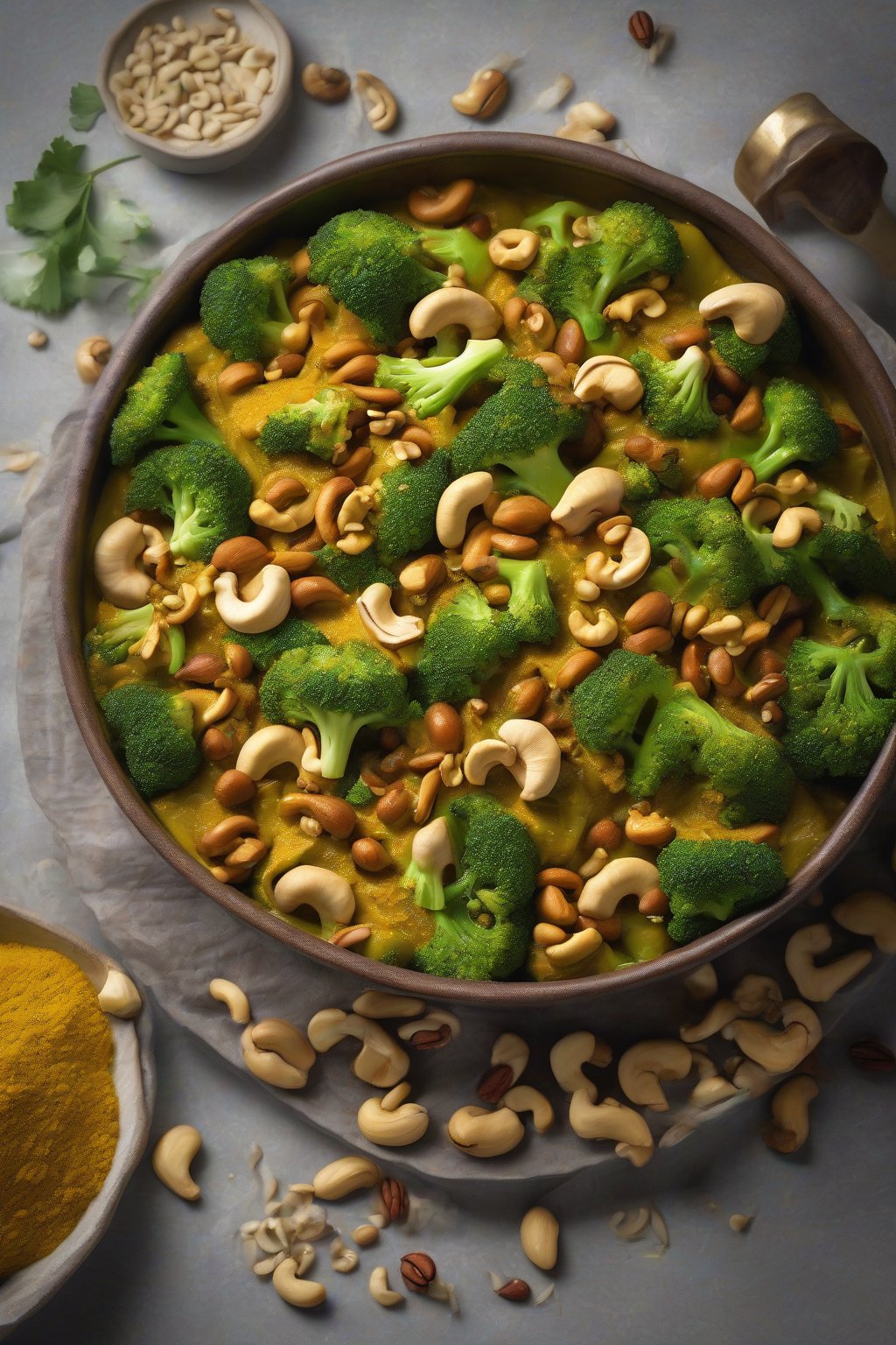A high-resolution photo of curry cashew broccoli fusion with yellow spices and nuts, under soft lighting.