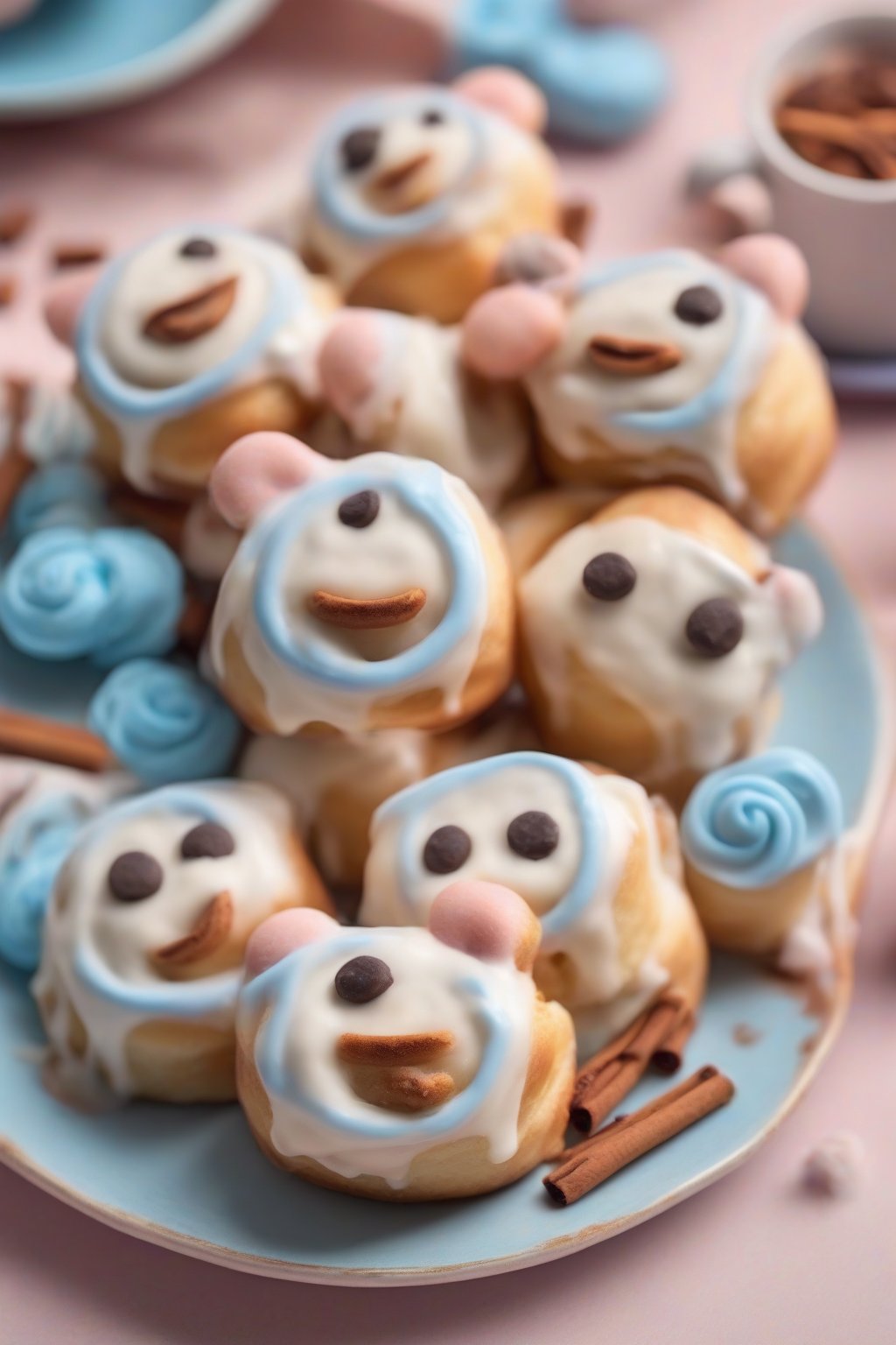 A high-resolution photo of fluffy Cinamoroll cinnamon roll bites with icing smiles and blue fondant ears on a pastel plate under soft lighting.