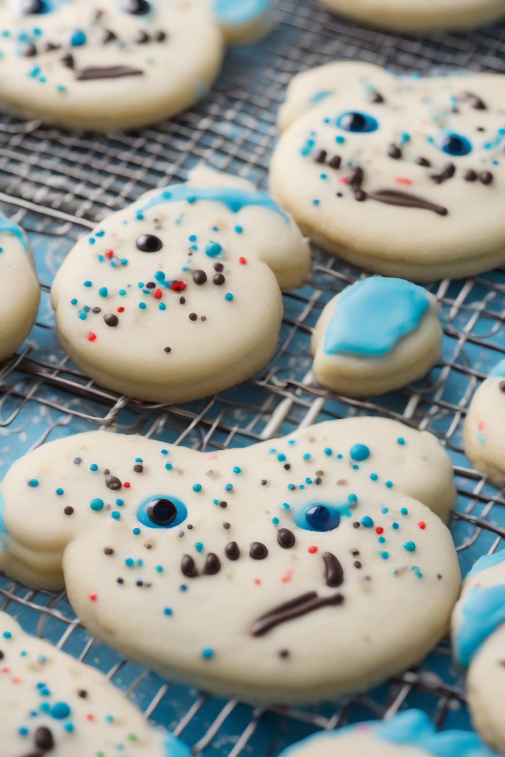 A high-resolution photo of smiling Cinamoroll sugar cookies with chocolate eyes and blue sprinkle ears on a wire rack under soft lighting.