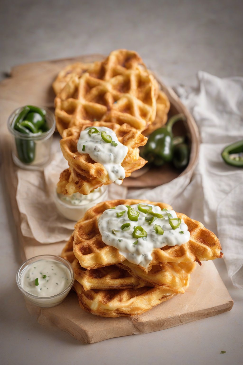 A high-resolution photo of a jalapeño popper chaffle with ranch dip under soft lighting.