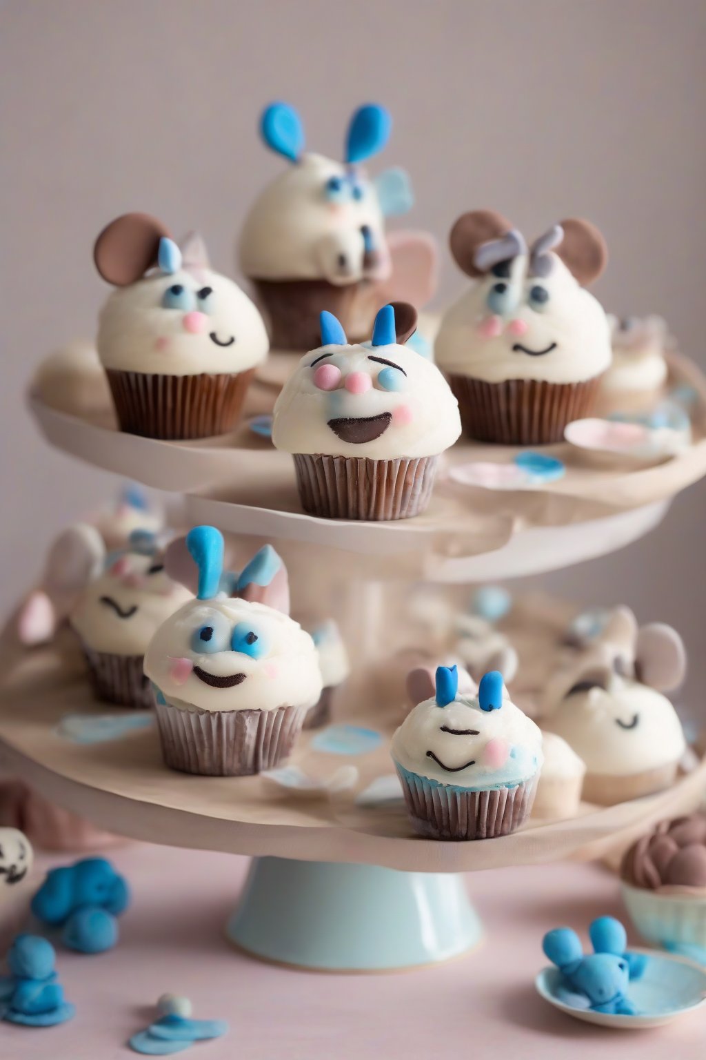 A high-resolution photo of Cinamoroll cupcakes with fondant faces and floppy blue ears on a cake stand under soft lighting.
