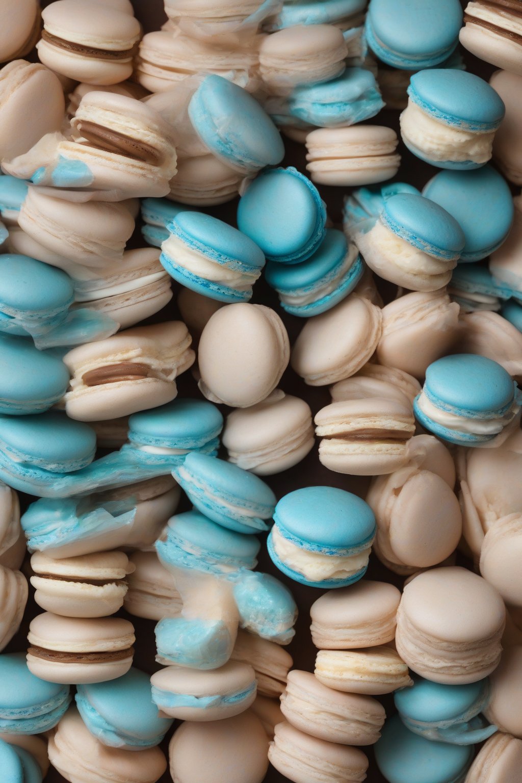 A high-resolution photo of stacked Cinamoroll macarons with blue cream ears and tiny faces under soft lighting.