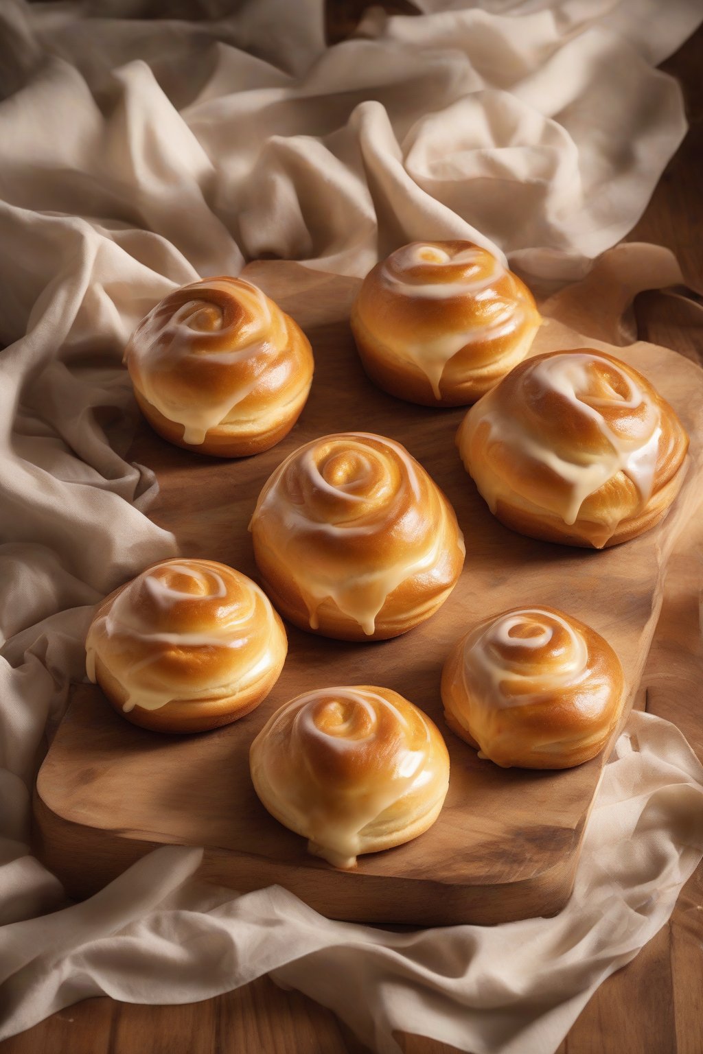 A high-resolution photo of golden Cinamoroll brioche buns with icing features on a wooden board under soft lighting.