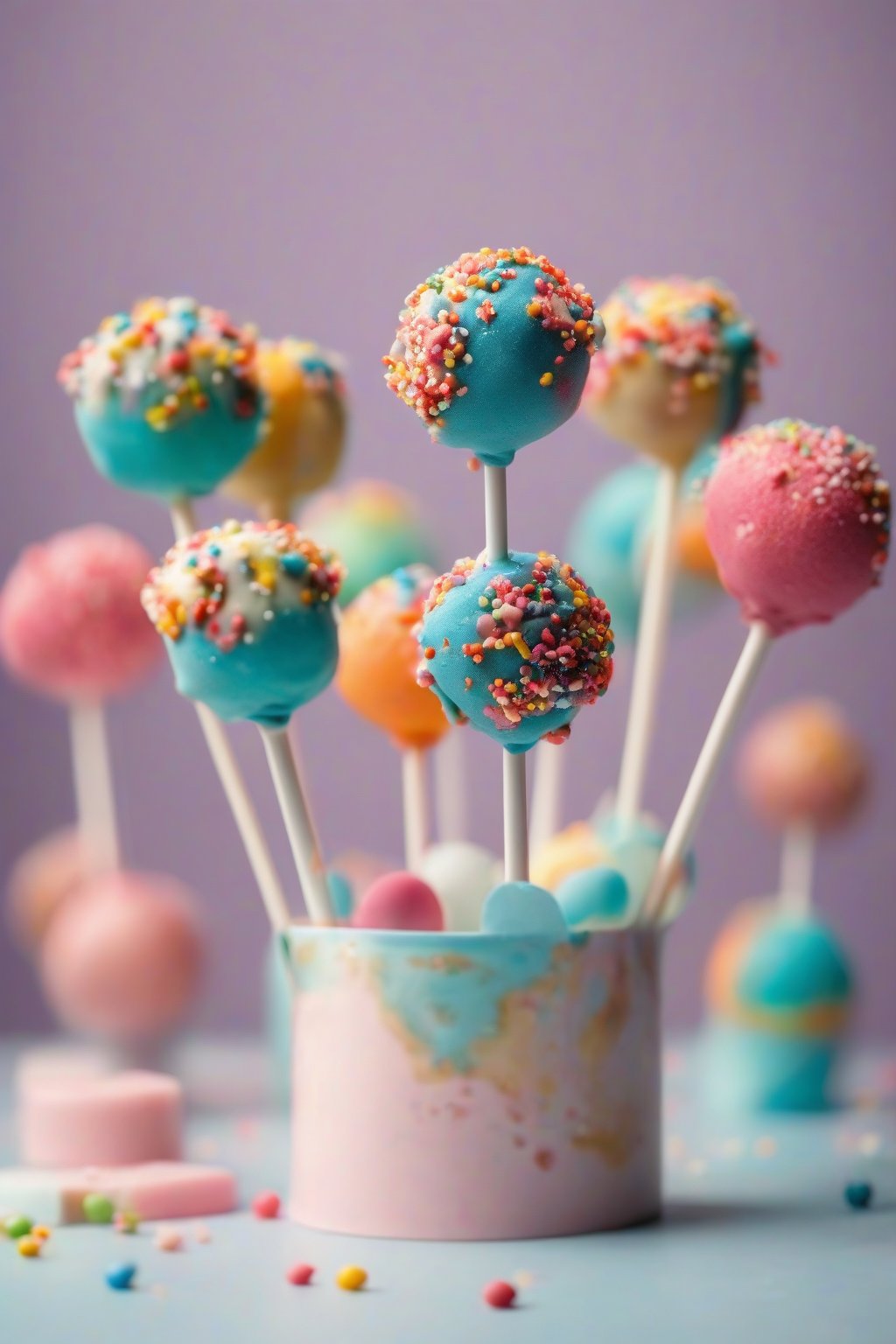 A high-resolution photo of colorful Cinamoroll cake pops with blue candy ears hanging from a stand under soft lighting.