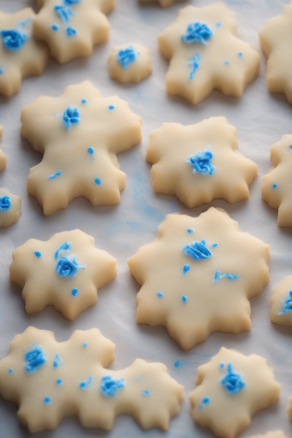 A high-resolution photo of delicate Cinamoroll shortbread cookies with piped blue ears on parchment under soft lighting.