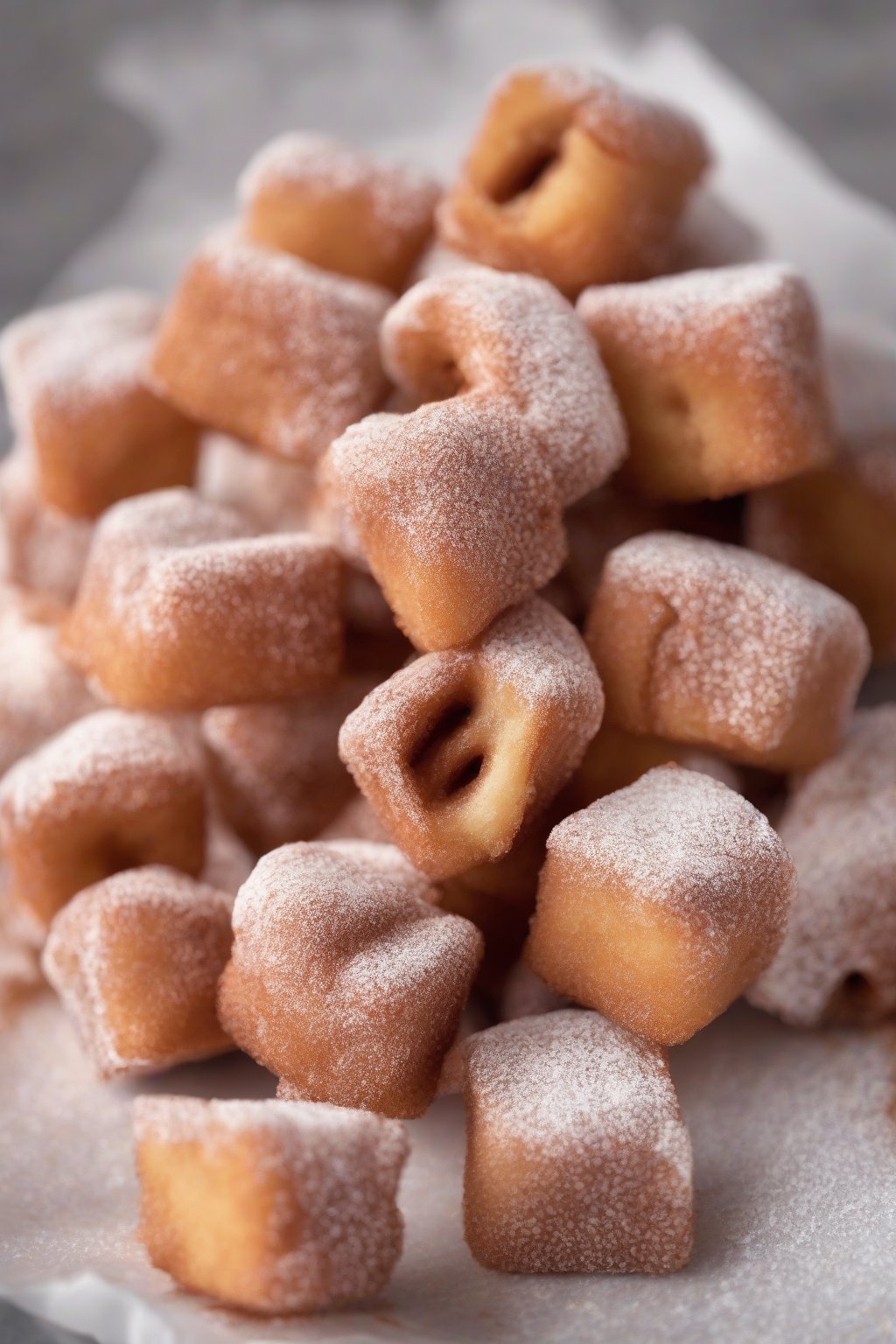 A high-resolution photo of cinnamon-sugared Cinamoroll churro bites with dipped faces under soft lighting.