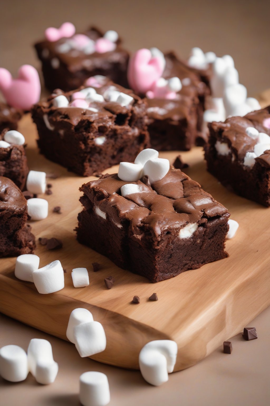 A high-resolution photo of fudgy Cinamoroll brownies with marshmallow ears on a cutting board under soft lighting.