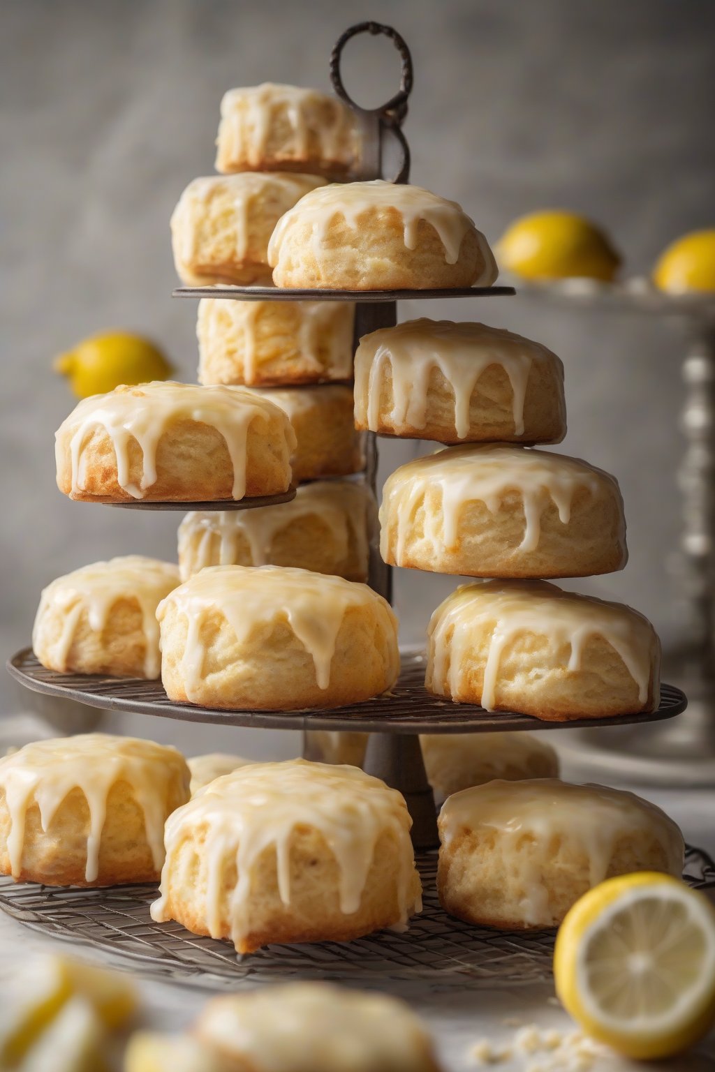 A high-resolution photo of lemon-glazed Cinamoroll scones with zest ears on a tiered stand under soft lighting.