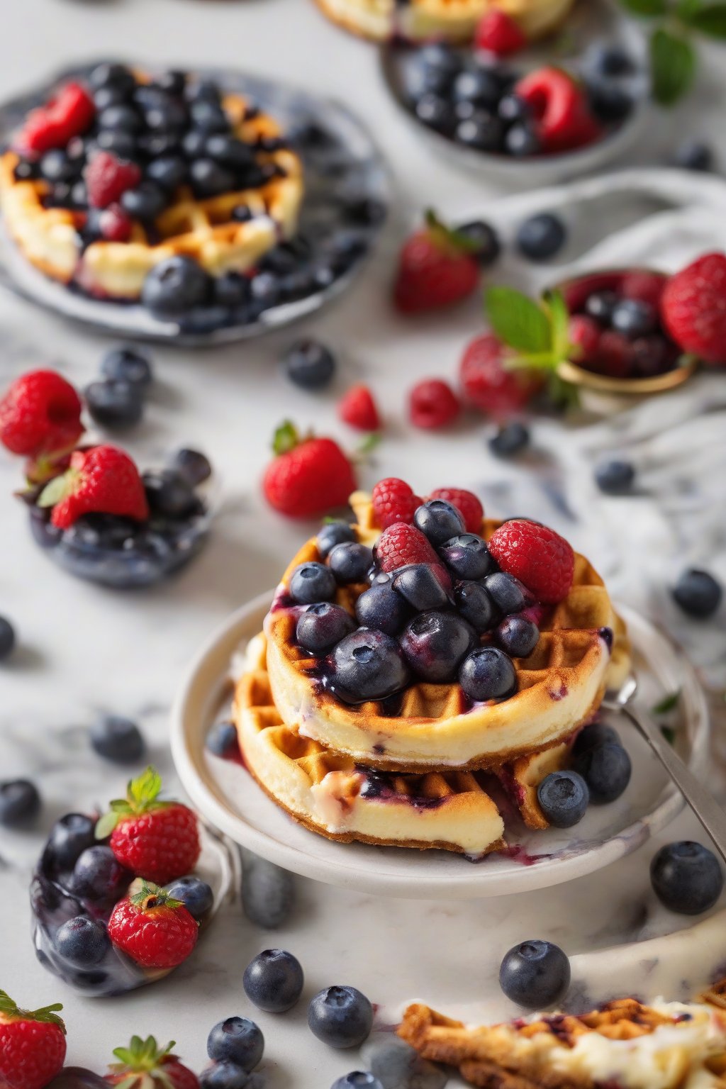 A high-resolution photo of a blueberry cheesecake chaffle with fresh berries under soft lighting.