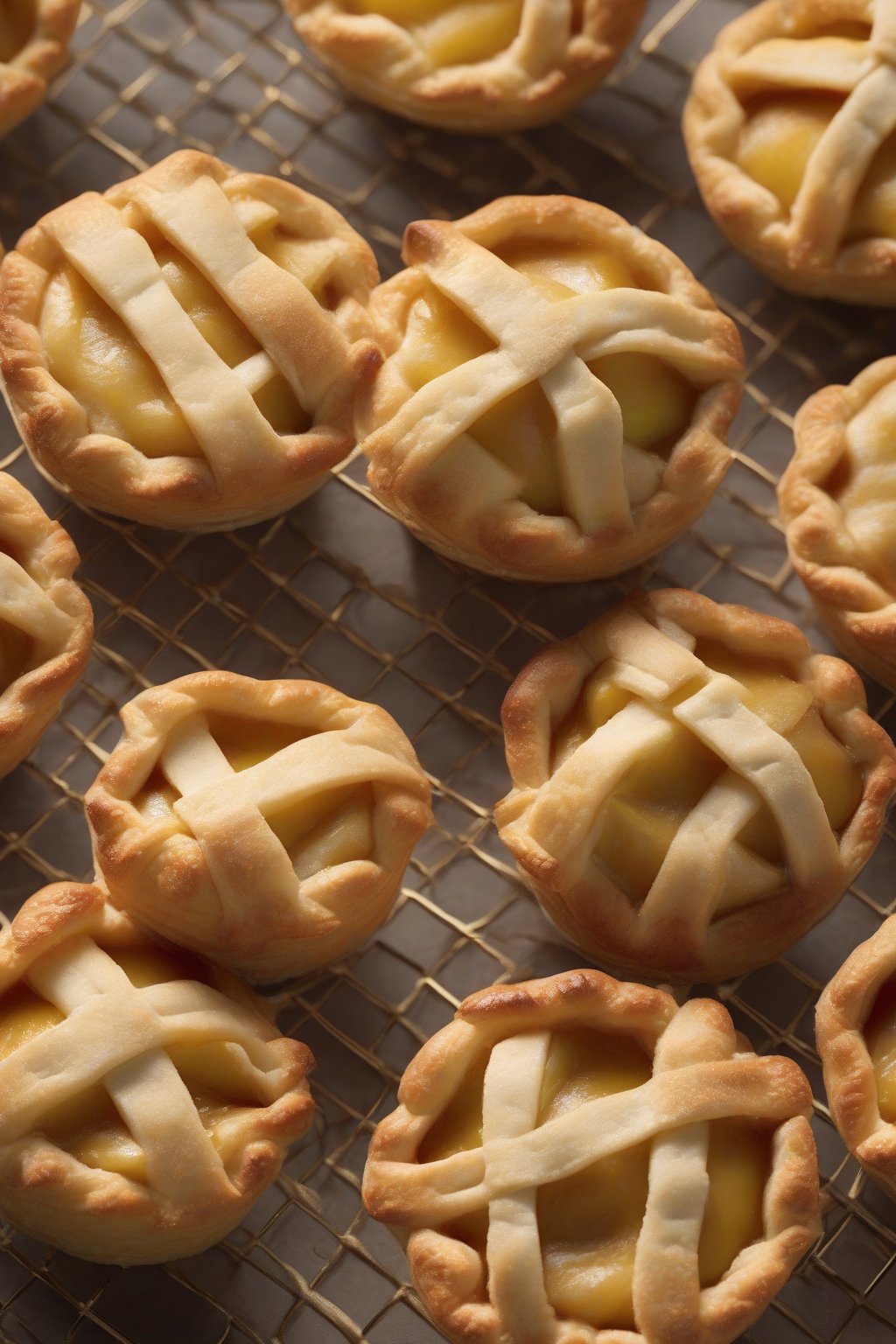 A high-resolution photo of golden Cinamoroll mini apple pies with lattice faces under soft lighting.