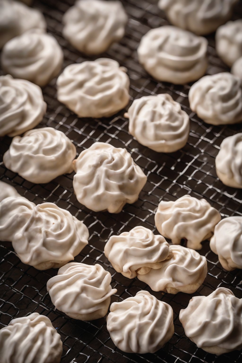 A high-resolution photo of airy Cinamoroll meringue cookies with tinted tips on a cooling rack under soft lighting.