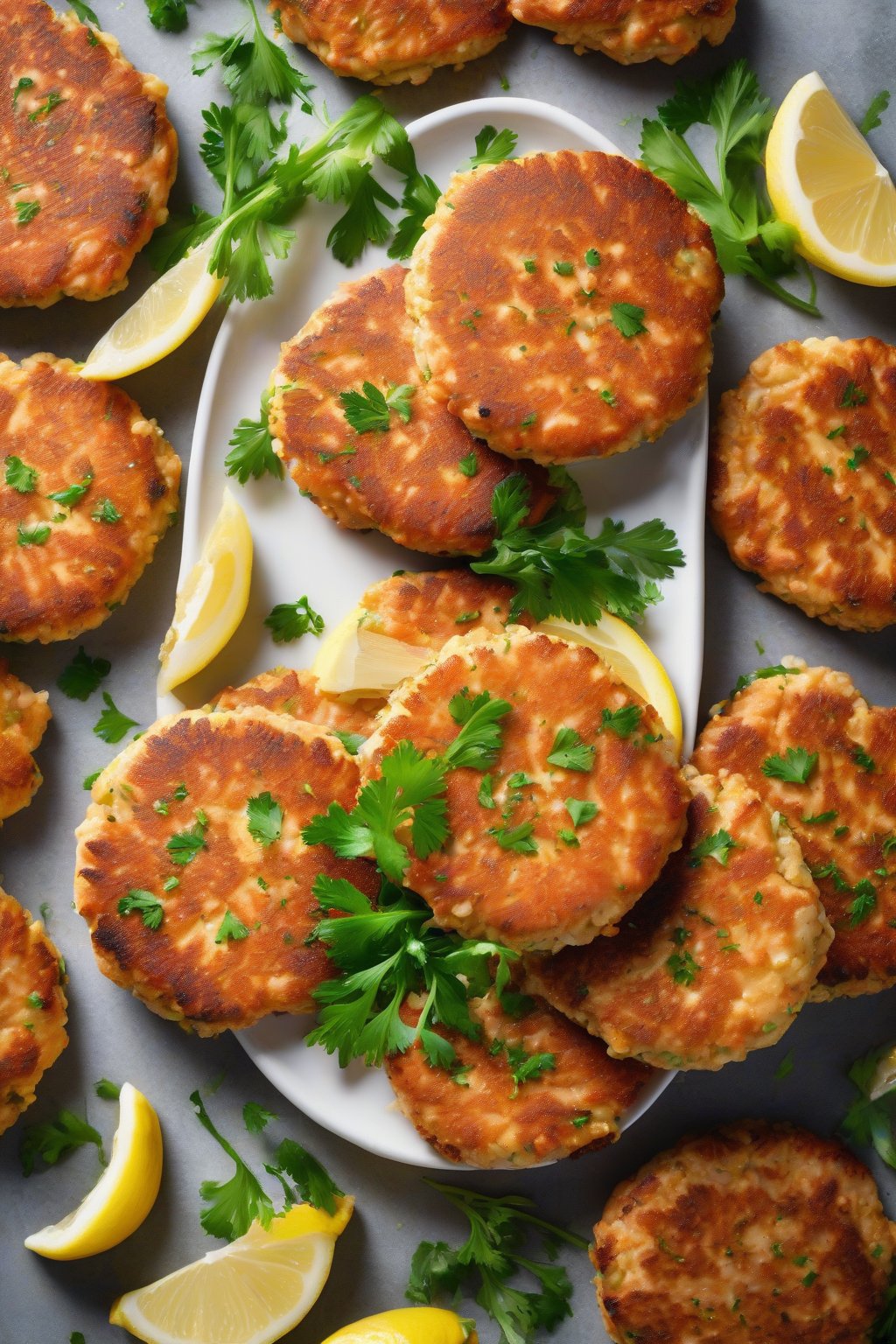 A high-resolution photo of golden-brown Classic Salmon Patties on a white plate with lemon wedges and parsley garnish under soft lighting.