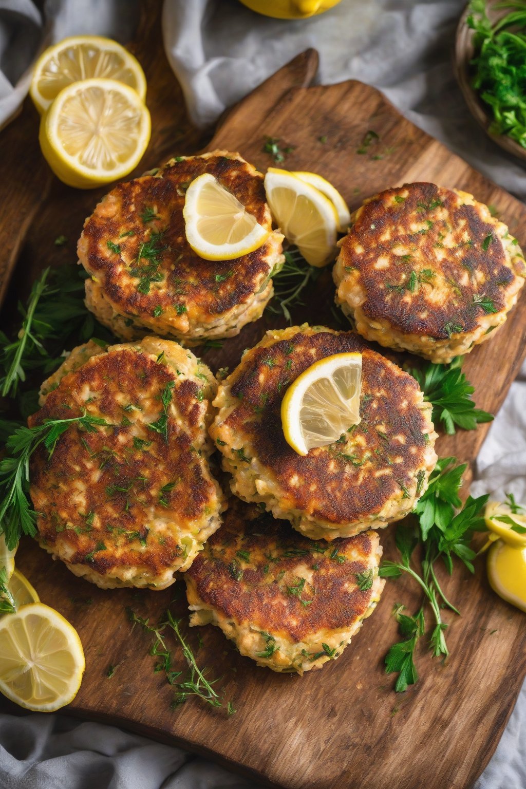 A high-resolution photo of Lemon Herb Salmon Patties stacked on a rustic board with lemon slices under soft lighting.