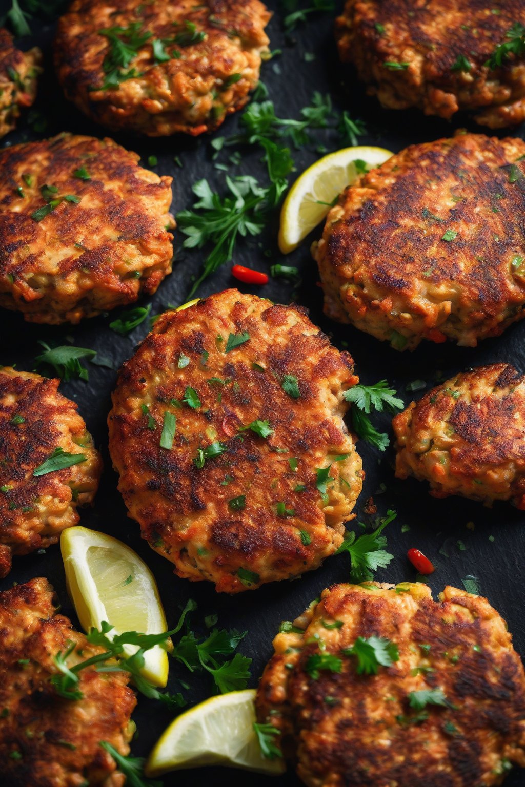 A high-resolution photo of Spicy Cajun Salmon Patties with a fiery red hue on a black slate plate under soft lighting.