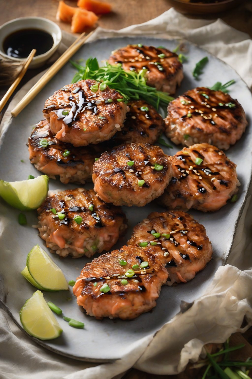 A high-resolution photo of Asian-Inspired Salmon Patties drizzled with soy glaze beside chopsticks under soft lighting.