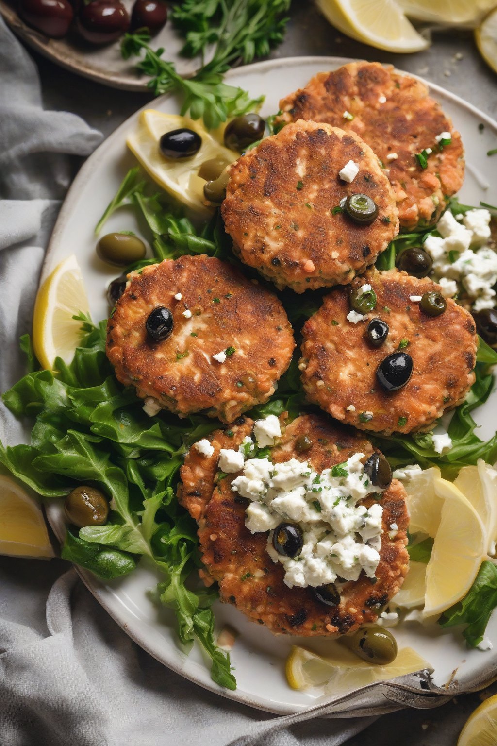 A high-resolution photo of Mediterranean Salmon Patties topped with feta crumbles and olives under soft lighting.