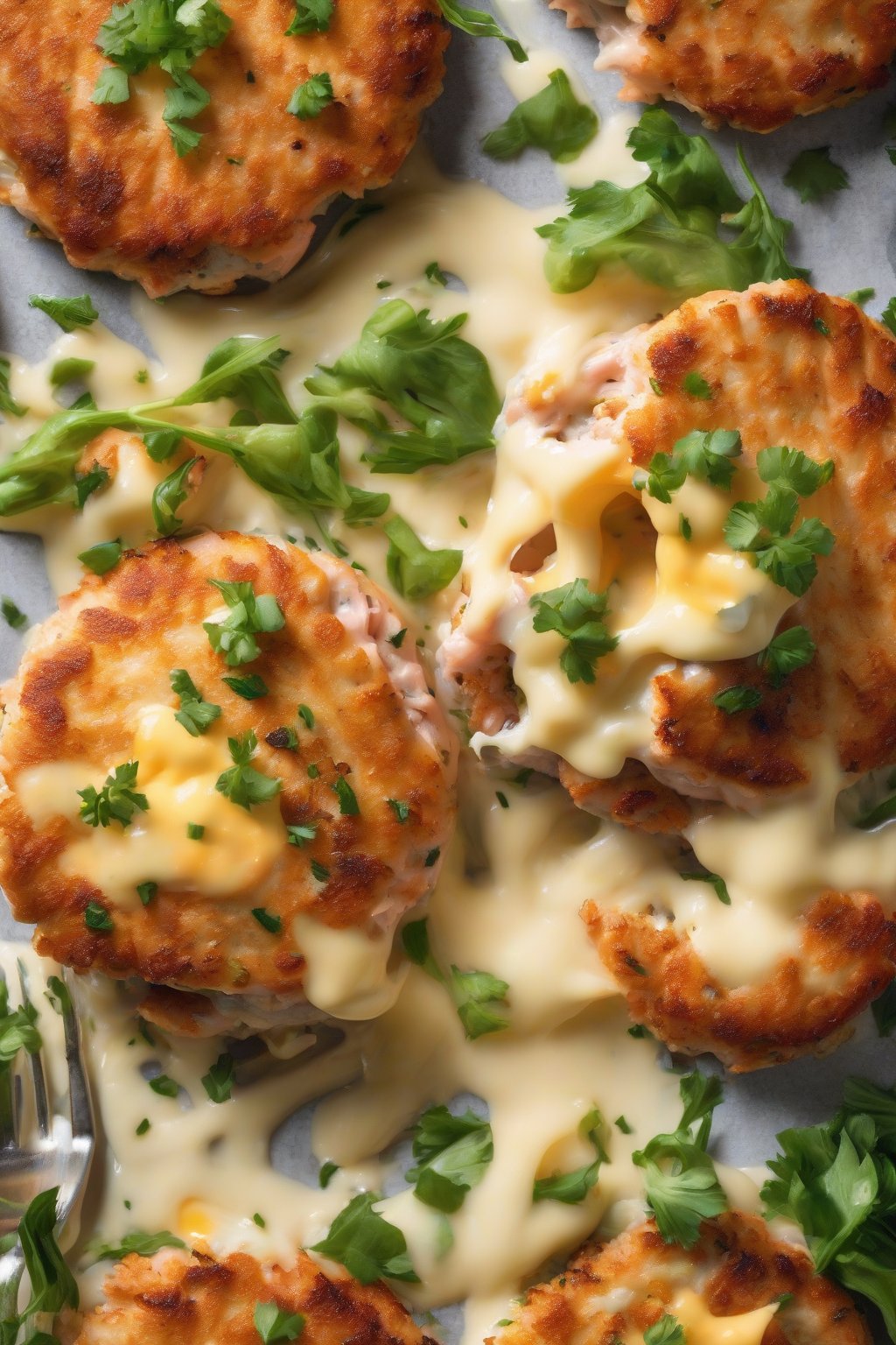 A high-resolution photo of Cheesy Salmon Patties with melted cheese pull on a fork under soft lighting.