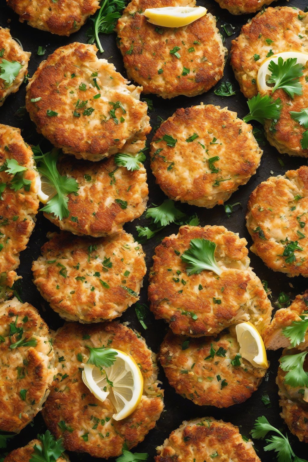 A high-resolution photo of Garlic Parmesan Salmon Patties with golden crust close-up under soft lighting.