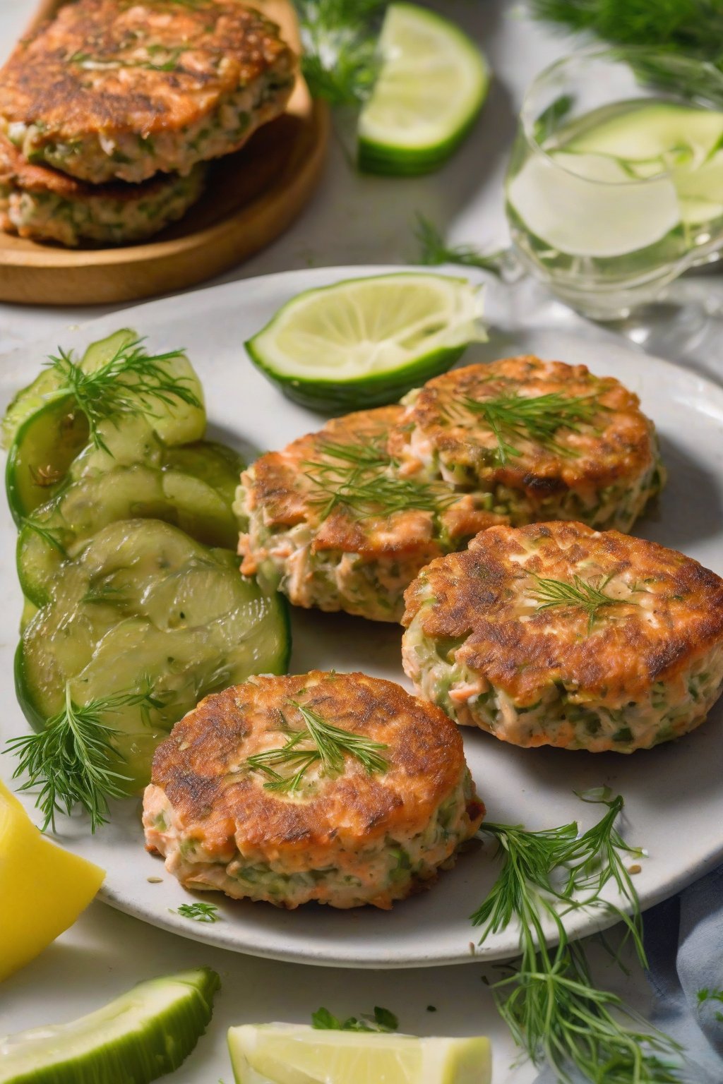 A high-resolution photo of Dill Pickle Salmon Patties with pickle slices garnish under soft lighting.