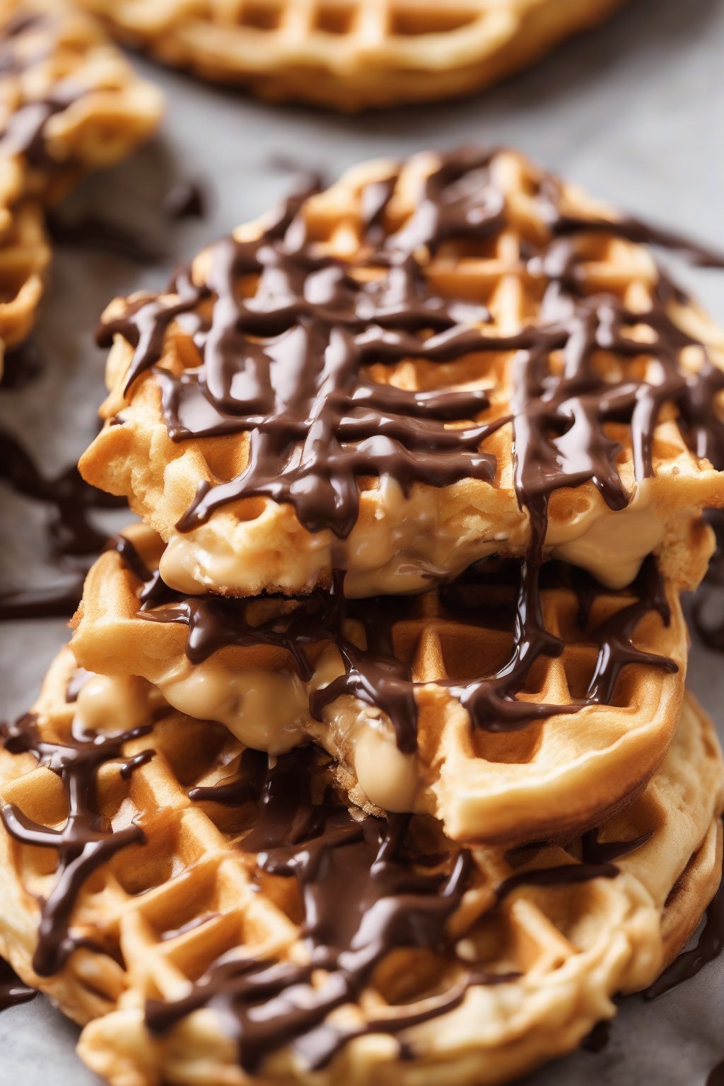 A high-resolution photo of a peanut butter chaffle drizzled with chocolate under soft lighting.