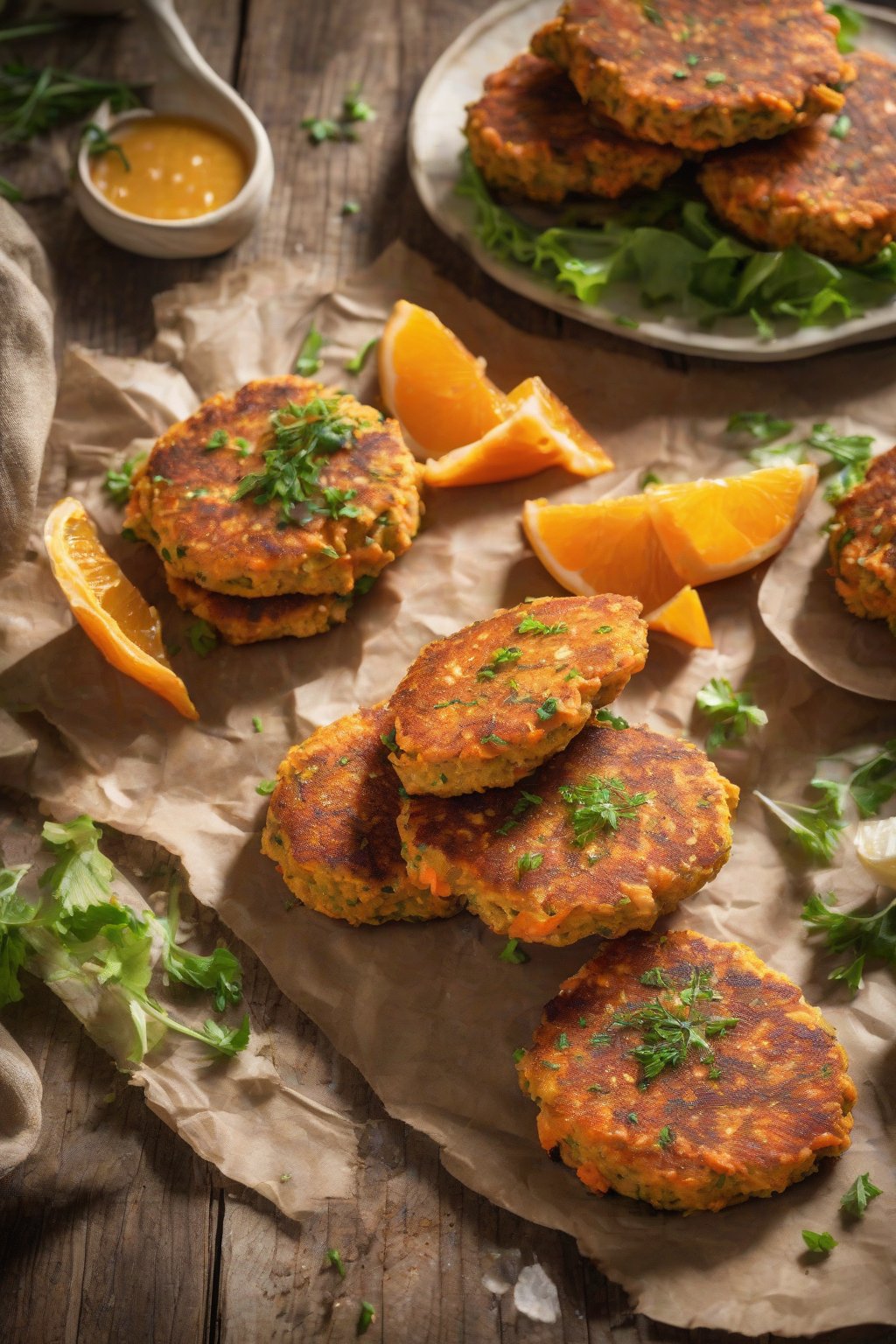 A high-resolution photo of Sweet Potato Salmon Patties with orange flecks on a wooden table under soft lighting.