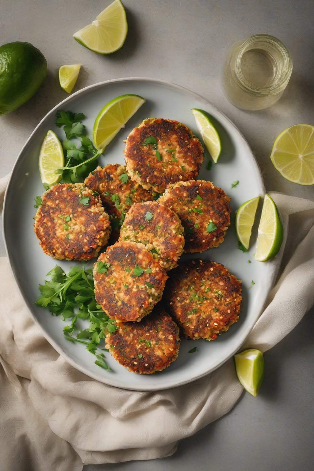 A high-resolution photo of Quinoa Salmon Patties textured with grains beside lime wedges under soft lighting.