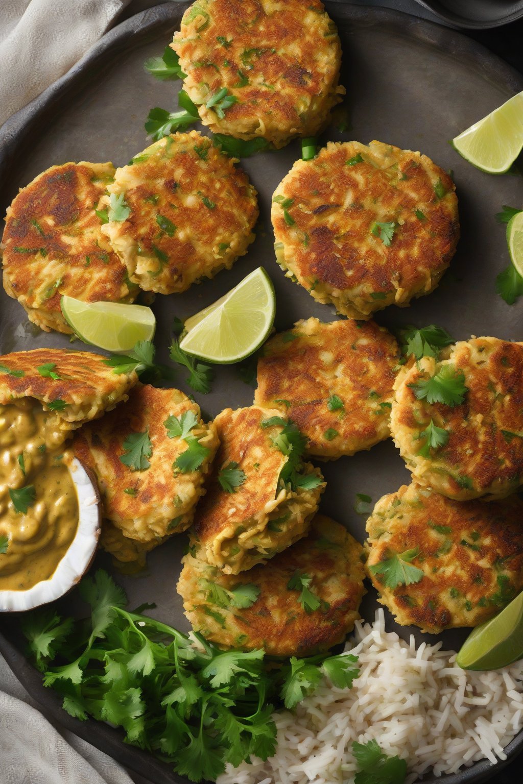 A high-resolution photo of Coconut Curry Salmon Patties with golden curry hue under soft lighting.