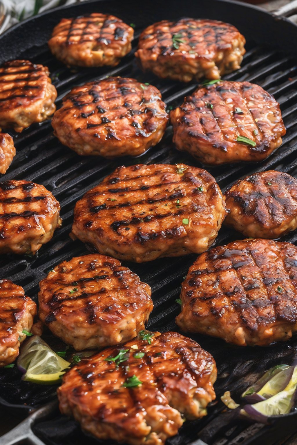 A high-resolution photo of BBQ Salmon Patties glazed shiny on a grill pan under soft lighting.