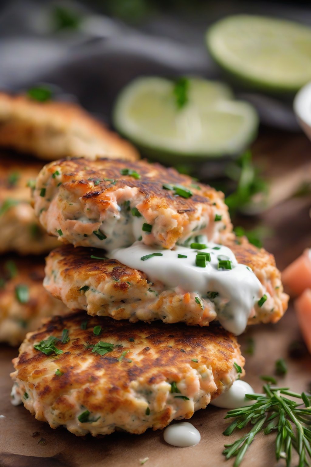 A high-resolution photo of Greek Yogurt Salmon Patties fluffy and light with yogurt dollop under soft lighting.