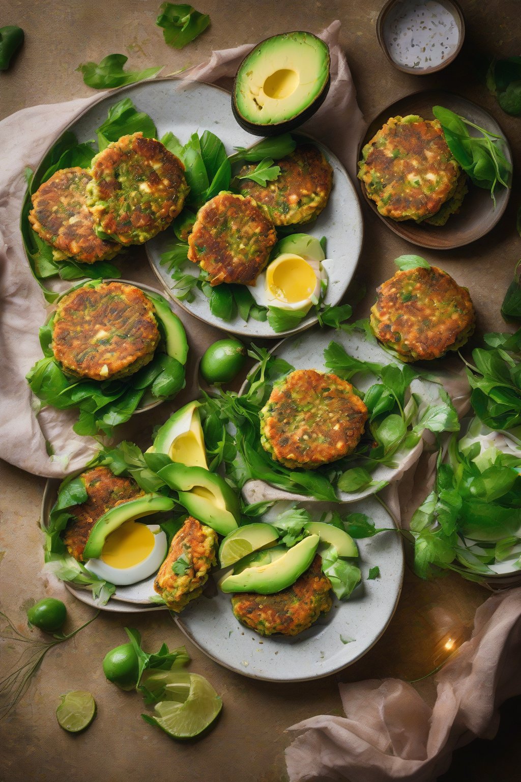 A high-resolution photo of Avocado Salmon Patties vibrant green-flecked on a plate under soft lighting.