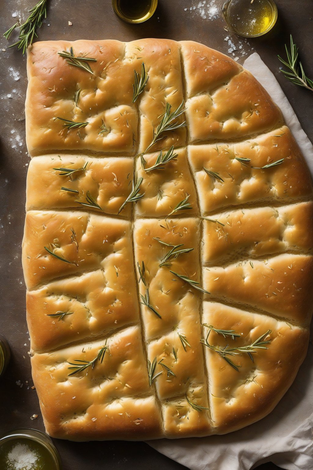 A high-resolution photo of golden classic rosemary sea salt dimpled focaccia, dimples glistening with olive oil, under soft lighting.