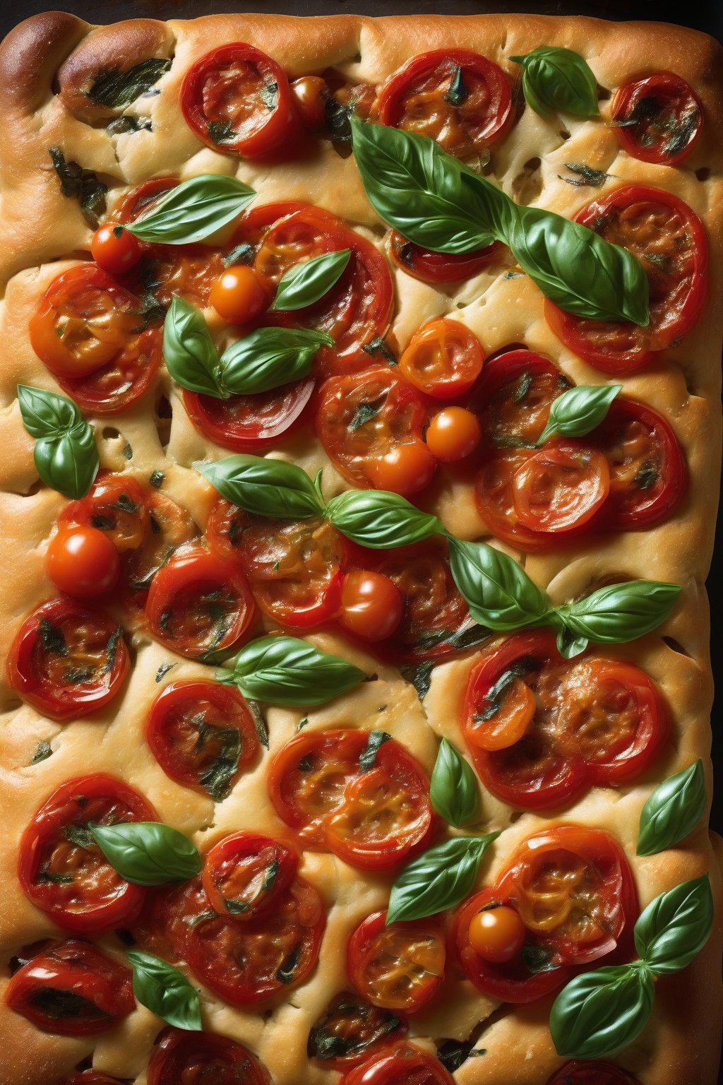 A high-resolution photo of vibrant cherry tomato and basil dimpled focaccia, red tomatoes nestled in oily dimples, under soft lighting.