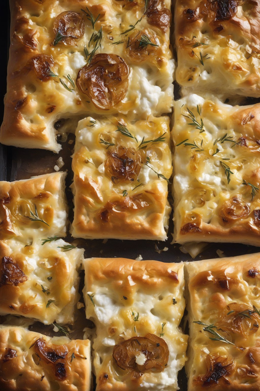 A high-resolution photo of caramelized onion and goat cheese dimpled focaccia, melted cheese over golden onions, under soft lighting.