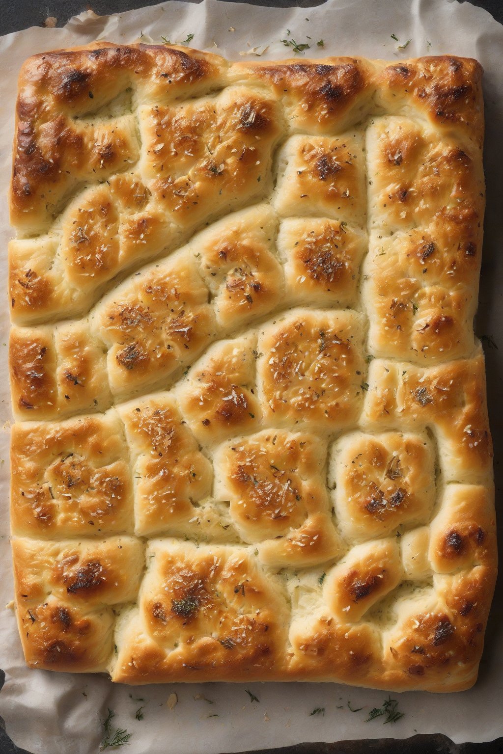 A high-resolution photo of roasted garlic and parmesan dimpled focaccia, cheesy crust with garlic swirls, under soft lighting.