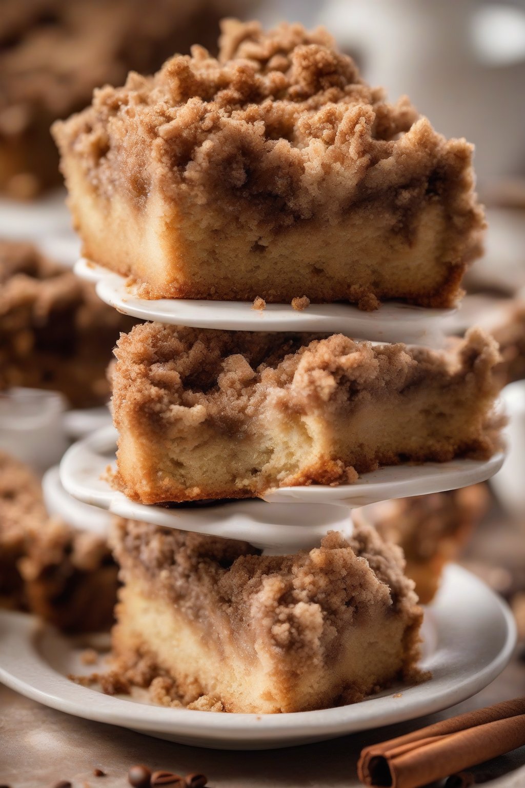A high-resolution close-up photo of coffee cake with thick cinnamon crumb topping, slice showing swirl, under soft lighting.