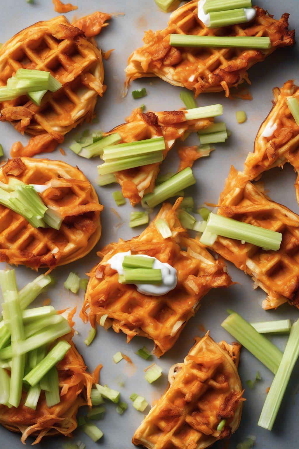 A high-resolution photo of a buffalo chicken chaffle with celery sticks under soft lighting.